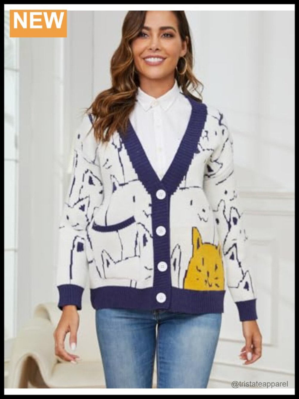 Oversized Kawaii Cat Cardigan Sweater for Women V-Neck Button Down Knitted Long - Picture 3 of 6